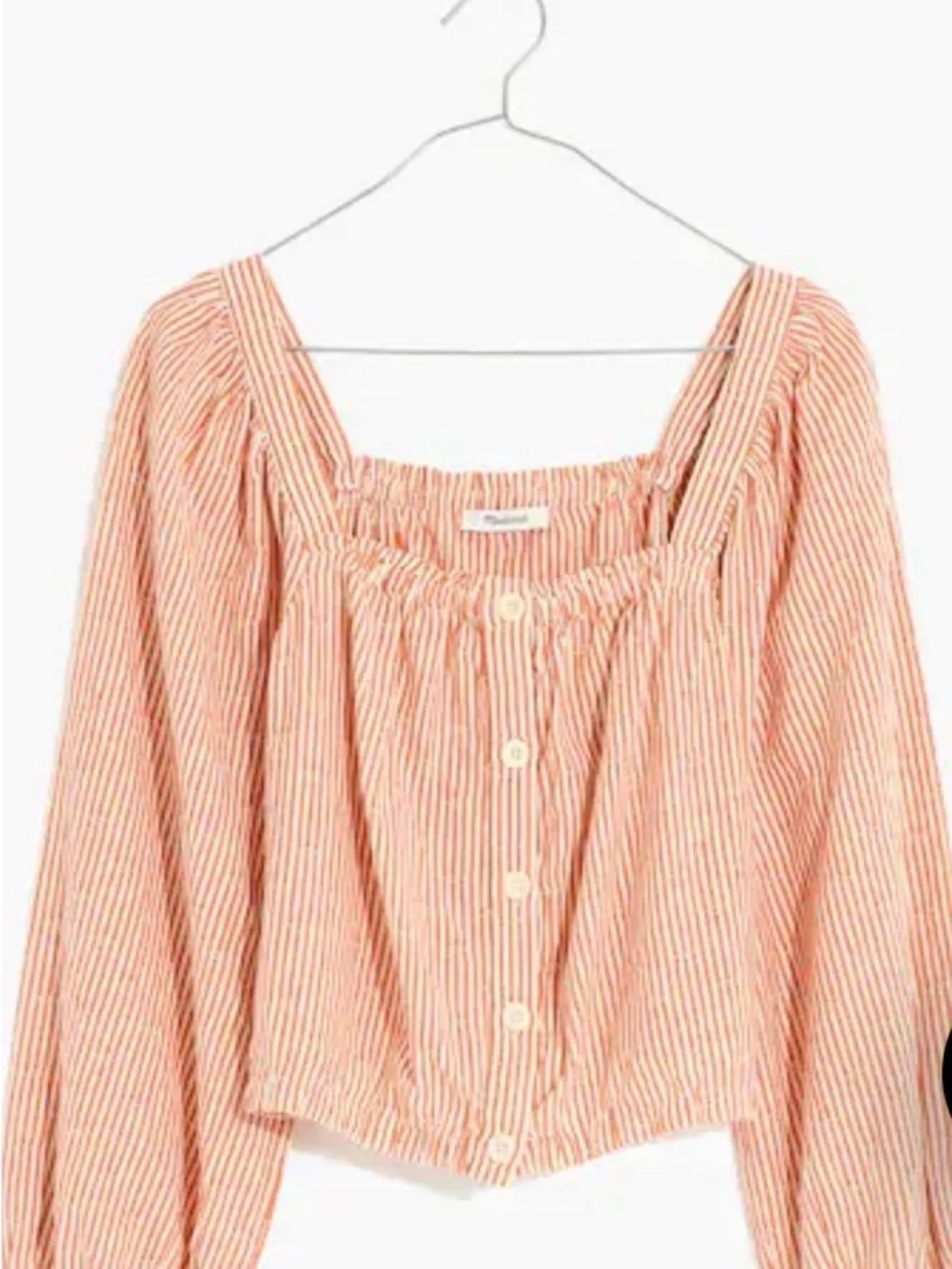 Puff-Sleeve Button-Front Crop Top in Embroidered Stripe